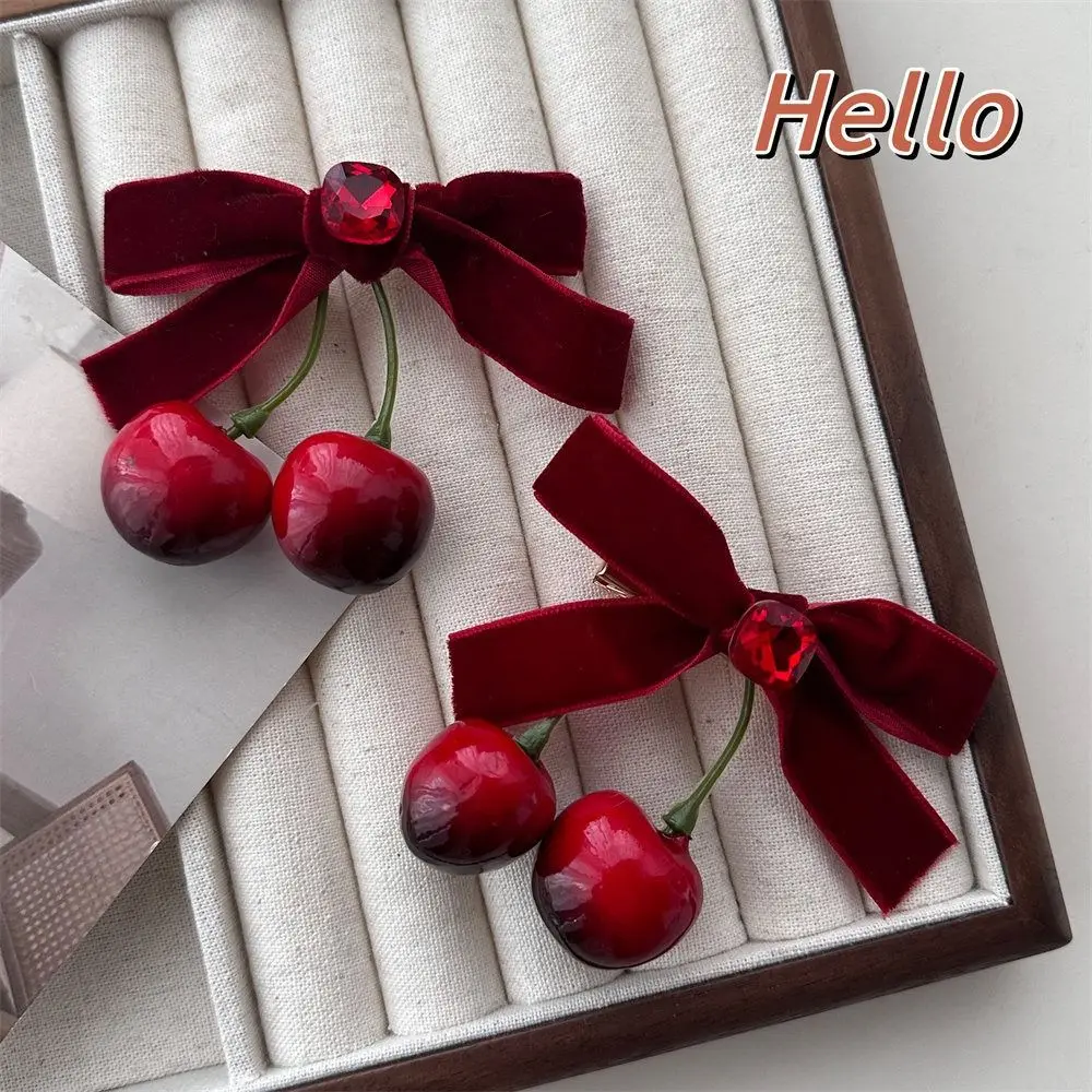 Sweet Red Velvet Cherry Hairpin Cloth Side Clip Velvet Bow Hair Clip Bowknot Barrettes Children