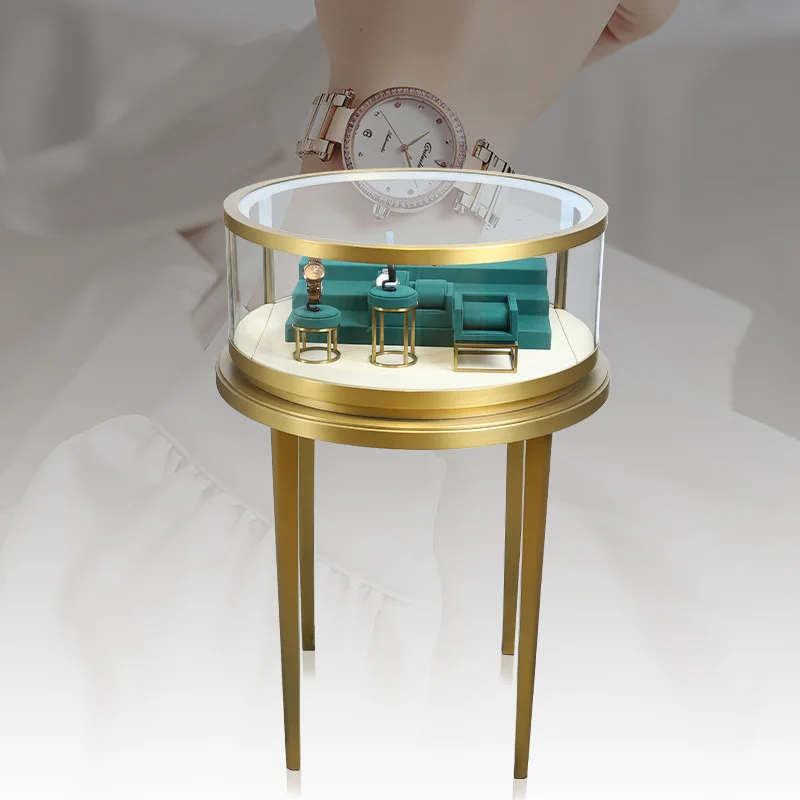 Custom Modern glass led light display floor standing round Display Counters Set Showcase Cabinet for Nail Salon Us