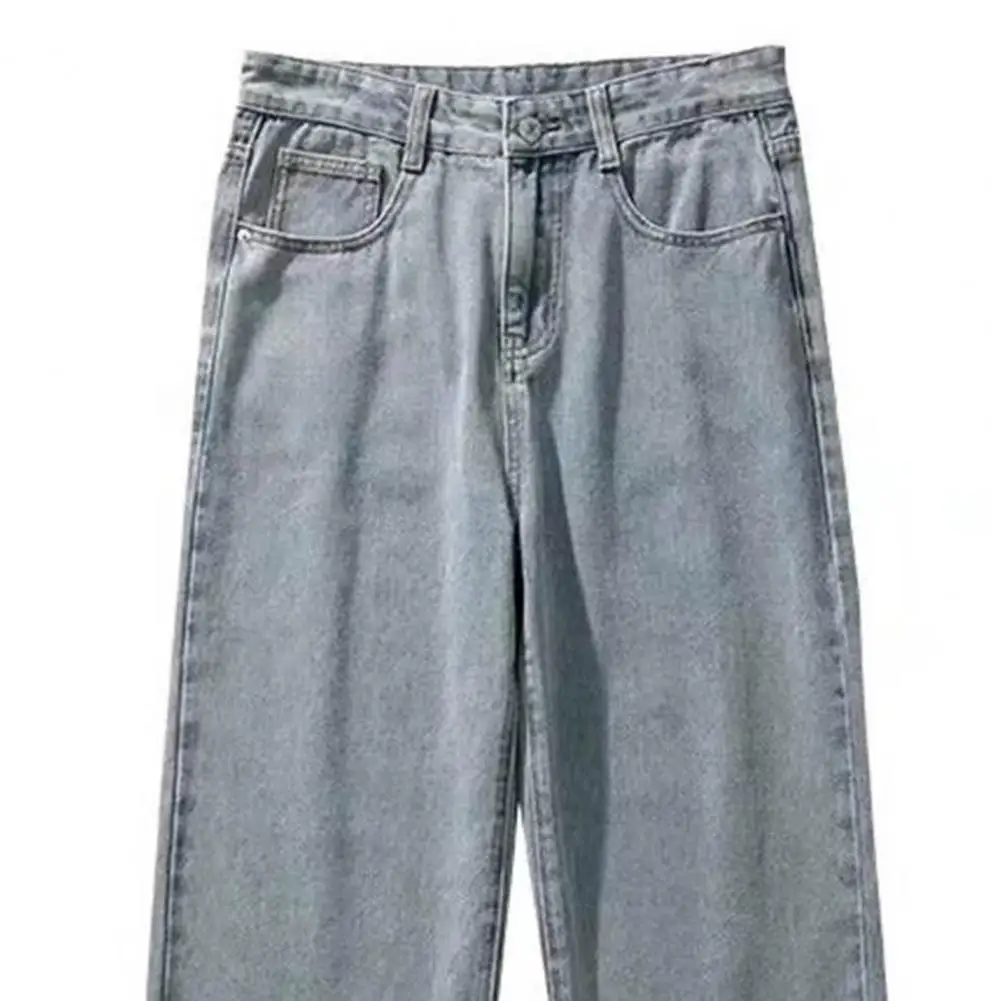 Description Picture 5 of itemMen Denim Trousers Retro Streetwear Men's Wide Leg Jeans Solid Color Soft Fabric Button-zip Closure Stylish Comfortable Long