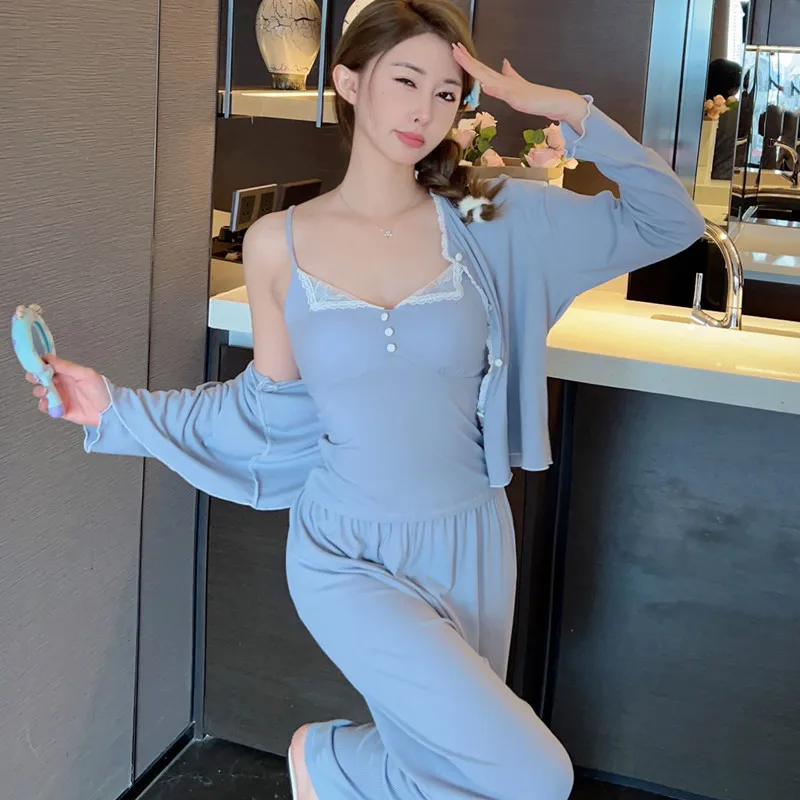 Three Piece Modal Pajamas Set Women Cotton Nightwear Lingerie Lace  Sleepwear Spring Cami&pant&bathrobe Pyjamas Sleep Suit