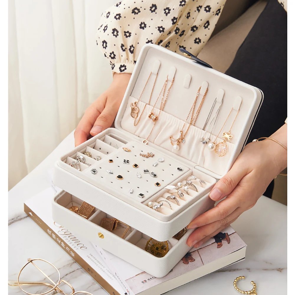 Three-layer Jewelry Organize Box Portable Earrings Ring Bracelet Storage Case PU Necklace Display Gift For Girls Jewelers Joyero gold shop window display rack jewelry display props brushed pu ring earrings three piece jewelry display stand