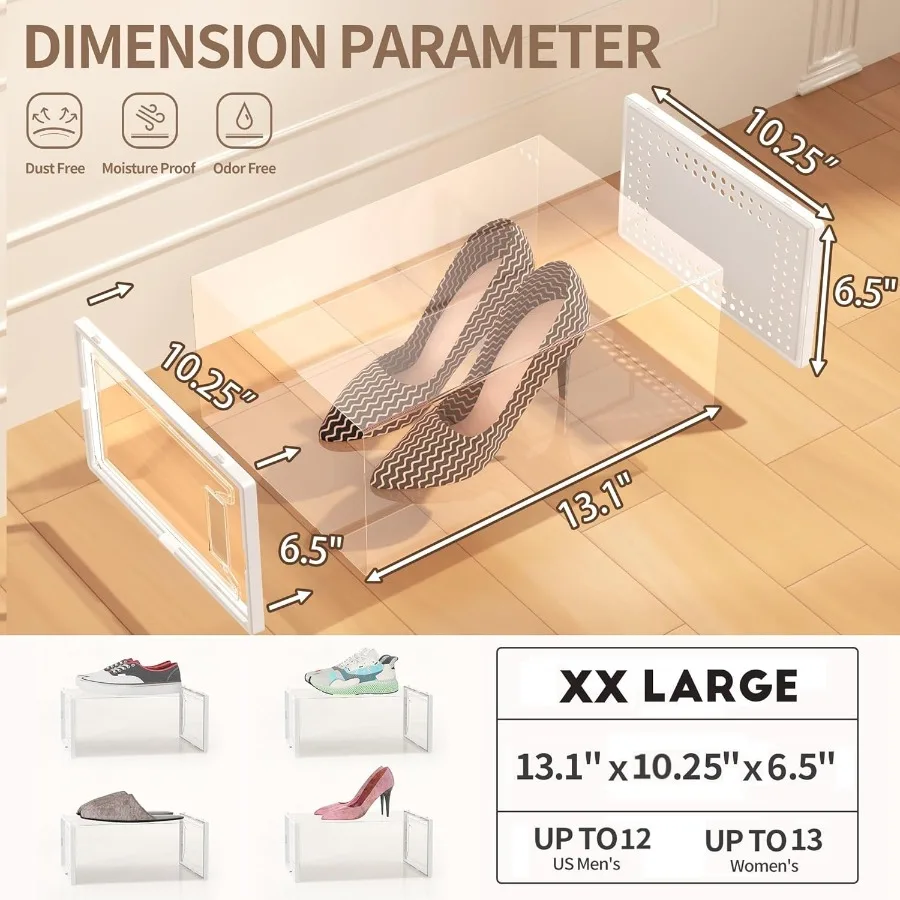 12 Pack XX Large Shoe Storage Organizer for Closet Modular Space Saving Shoe Boxes Clear Plastic Stackable Containers Display C