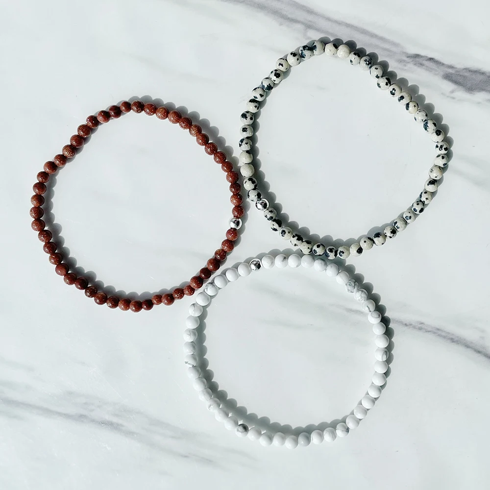 Ruberthen 여성용 미니 원석 손목 Mala 쥬얼리, 골든 샌드 달마시안 재스퍼 팔찌 세트, 4 mm