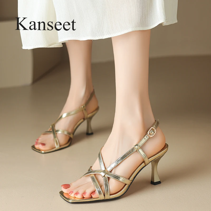 

Kanseet Women Sandals Summer New Genuine Leather Gold Silver Sandal Handmade Elegant Party Dress Sexy Thin High Heels Lady Shoes
