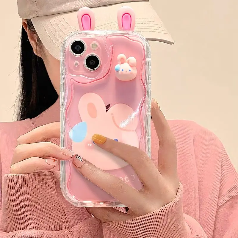Lovely 3D Bear Rabbit Wave Phone Case for iPhone 15 14 11 Pro Max 13 12 Mini XR XS X 8 7 6 6S Plus SE 2020 Soft Silicone Cover - 4