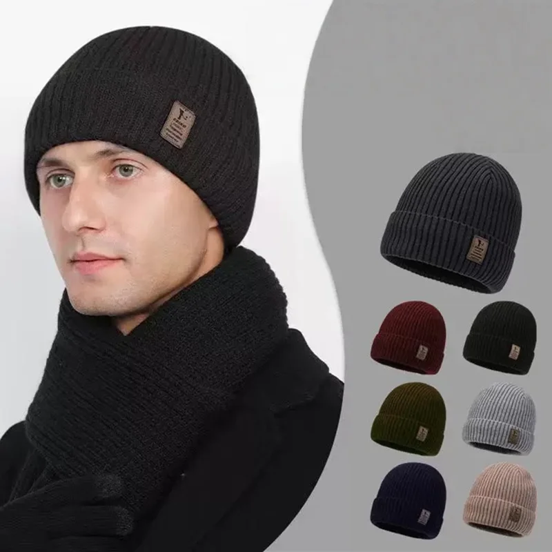 Hot Sale Men Fashion Fur Lined Beanie Hat Keep Warm Winter Hat Thick Soft Stretch Hat For Men Outdoor Winter Cap