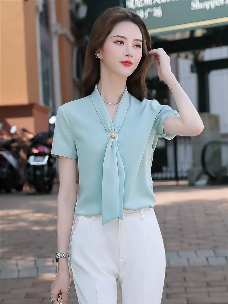 Loose Casual Blouse For Wome Short Sleeves Bow Tie Office Lady