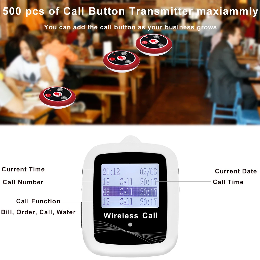 JINGLE BELLS Wireless Restaurant Guest Calling System 1 Waterproof Belt Watch Receiver 2 Table Call Buttons for Hospital, Bar