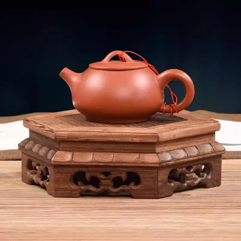 Classical Rosewood base, hexagonal ornament, purple clay teapot, porcelain vase, old Buddha statue, potted plant,base