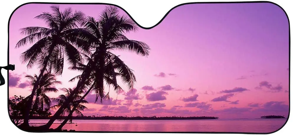 

BIGCARJOB Tropical Island Sunset Auto Windshield Sun Shade for Car SUV Truck Bubble Foil Folding Accordion Tree Print