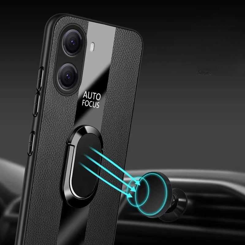Plexiglass PU Leather Phone Case with Magnetic Metal Ring Stand - Shockproof Protective Back Cover