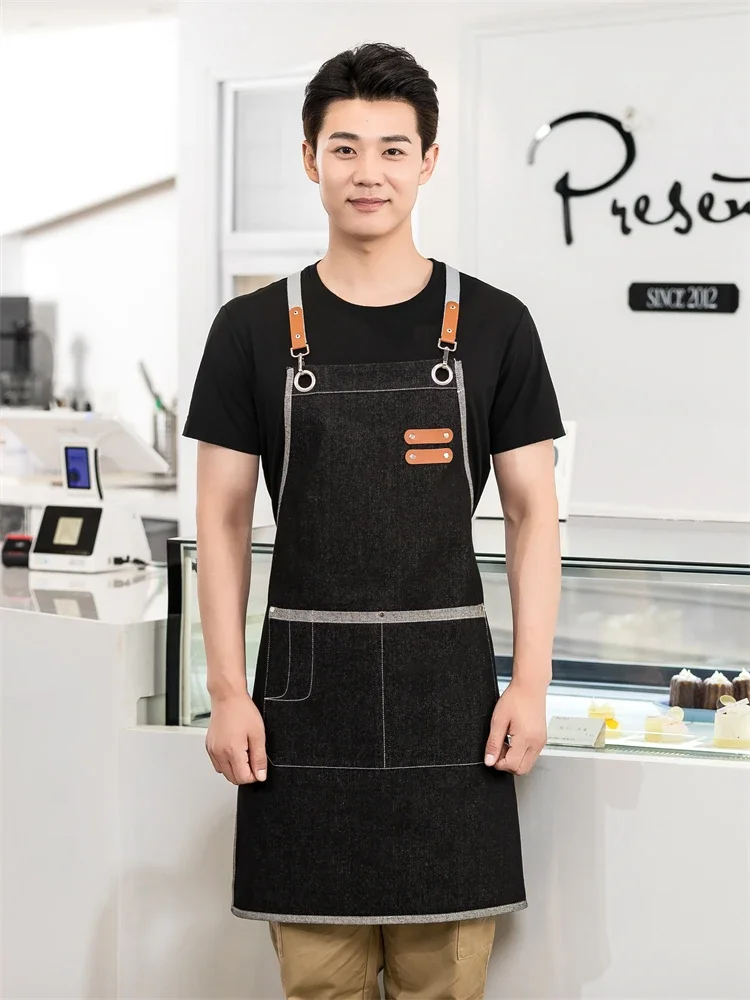 

Professional Work Catering Cloth New Custom Waiter Logo Adjustable Strap Denim Waist Pockets For Craftsman Man Apron With