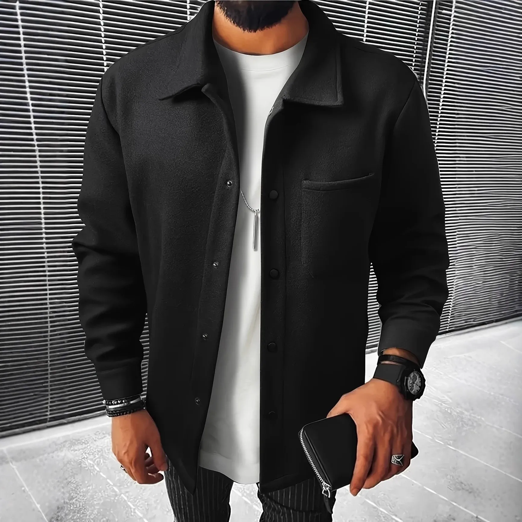 Jaqueta casual masculina com gola 2025 nova moda resistente ao desgaste à prova de vento alta solidez cor sólida escovada outerwear