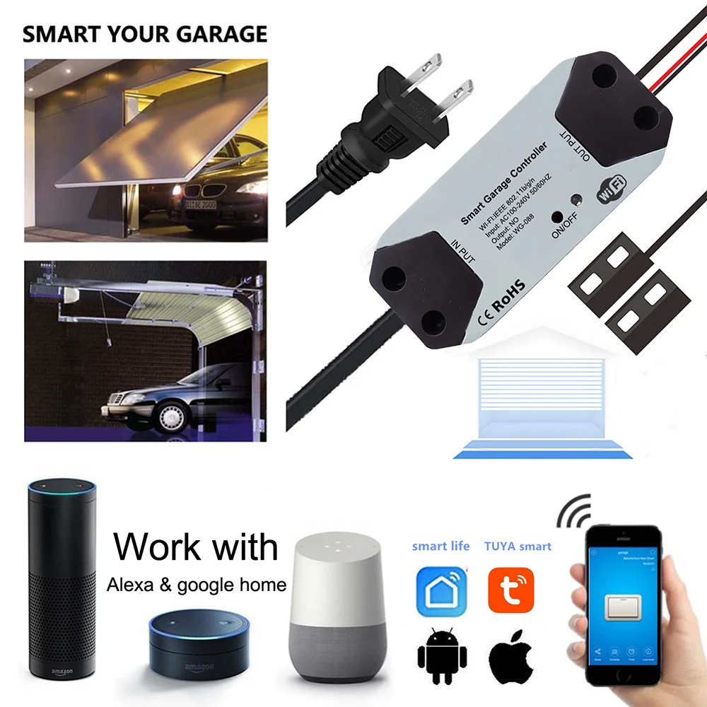 Garage Door Opener WiFi Smart Controller Work With Alexa Echo Google Home SmartLife/Tuya APP Control No Hub Require