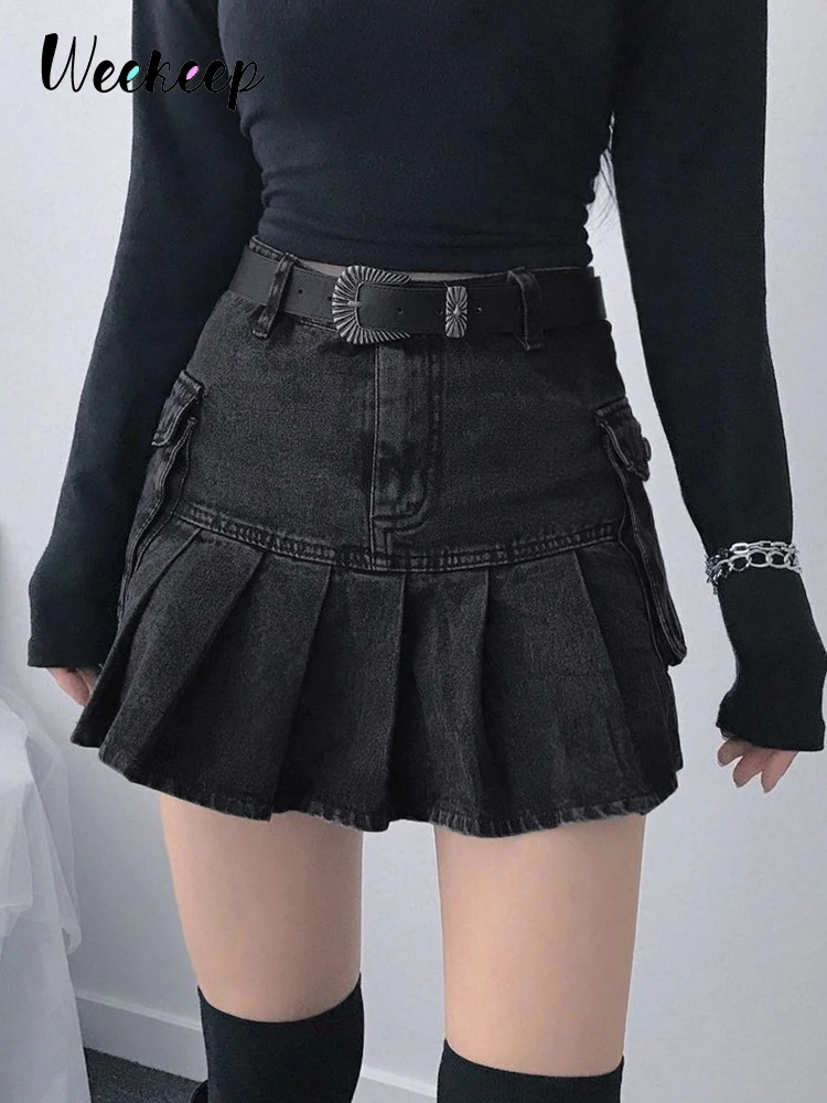 Weekeep Black Pleated Skirts Women Denim Skirt Y2k Aesthetic Streetwear ...