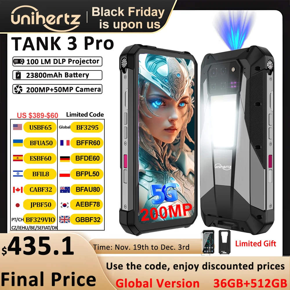 Unihertz Tank 3 Pro 8849、100 ルーメン 120Hz プロジェクター、32GB