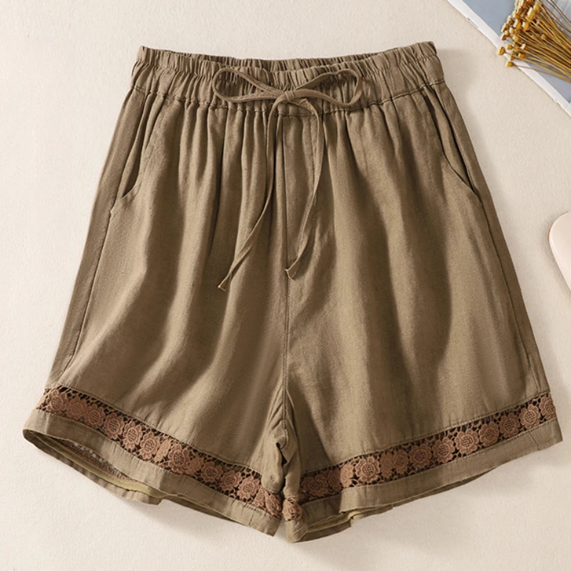 Pantalones cortos TEELYNN holgados con cintura elástica estilo bohemio para playa para mujer, pantalones cortos casuales de lino y algodón con encaje floral para verano 3XL
