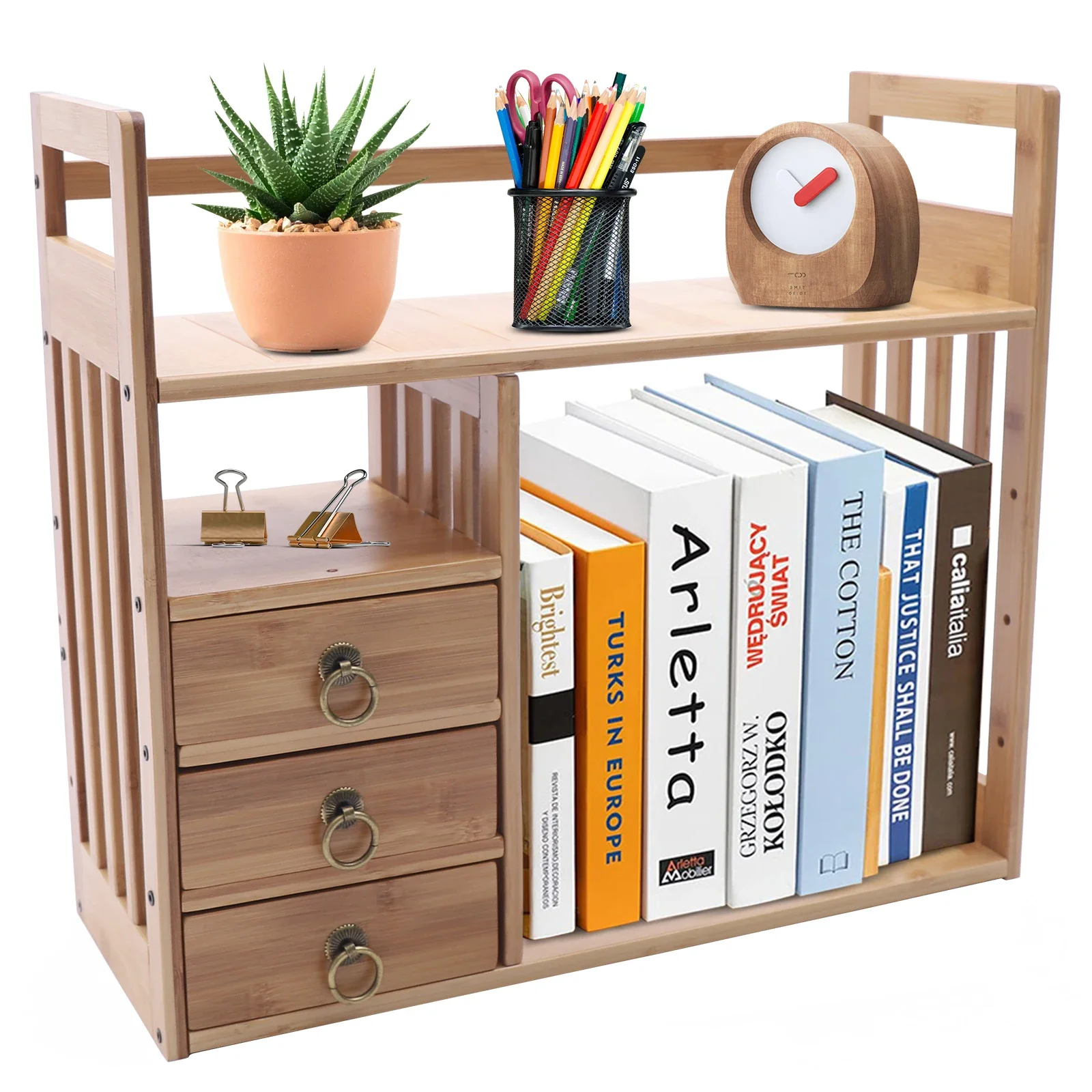 NEW Bamboo Desk Bookshelf Small Expandable Desktop Organizer Table Top Bookcase 3