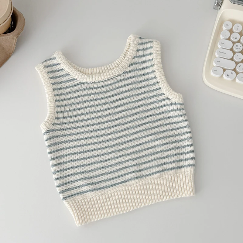2025년 신상 가을 0-3세  남아 여아 니트 조끼  남아 여아 민소매 줄무늬 니트 풀오버 조끼