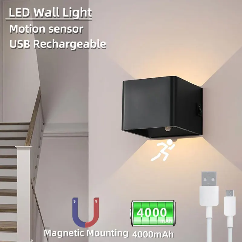 

USB Rechargeable LED Wall Lamp With Motion Sensor Aluminium Interior Wall Light For Bedroom Corridor Stairs Loft Night lighting