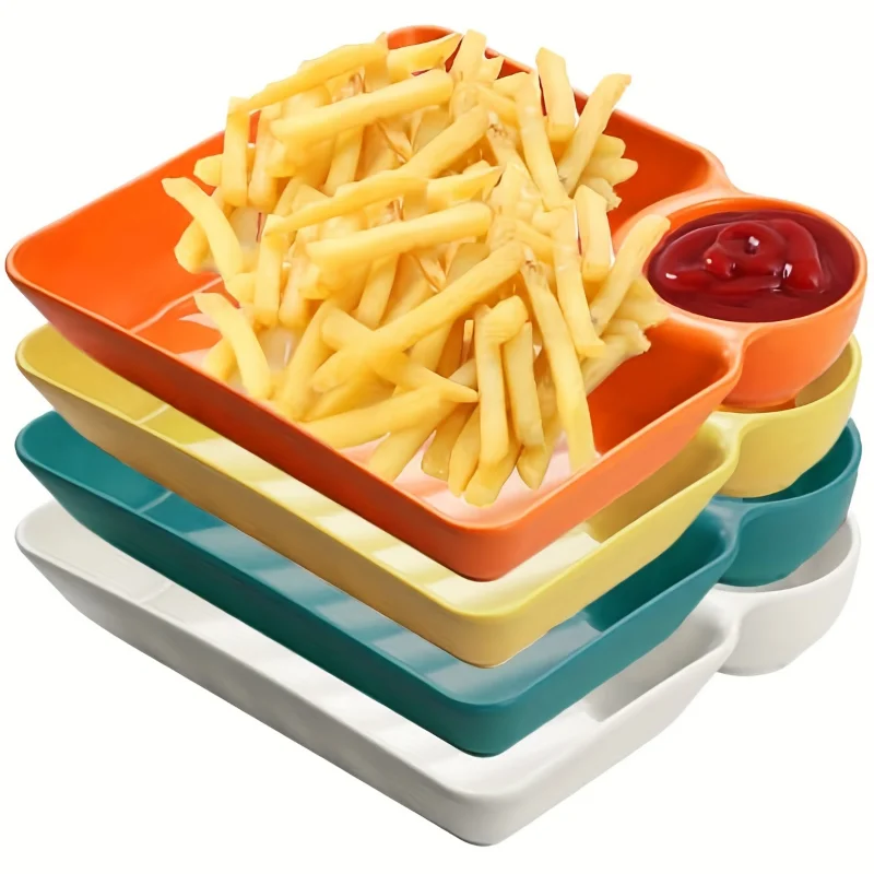 Divided Plates French Fries Square Dumpling Plate With Vinegar Plates Snack Dish 2-Grid Spices Dessert Christmas Tableware Home ceramic dessert plates,snack dish