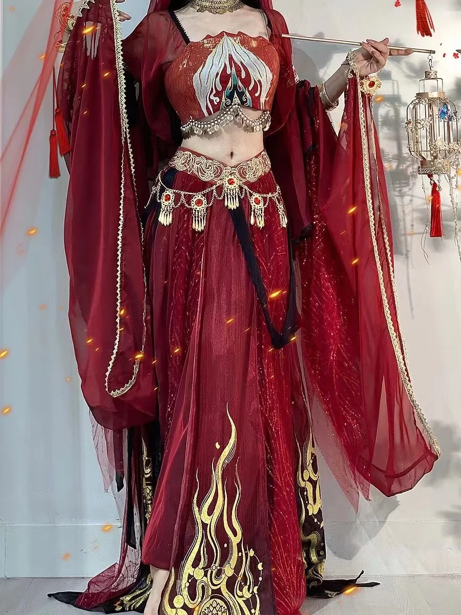 Exotic Goddess Dunhuang Red Fire Festival Arabian Princess Costumes for Cosplay Party Halloween Indian Belly Dance Dress Hanfu