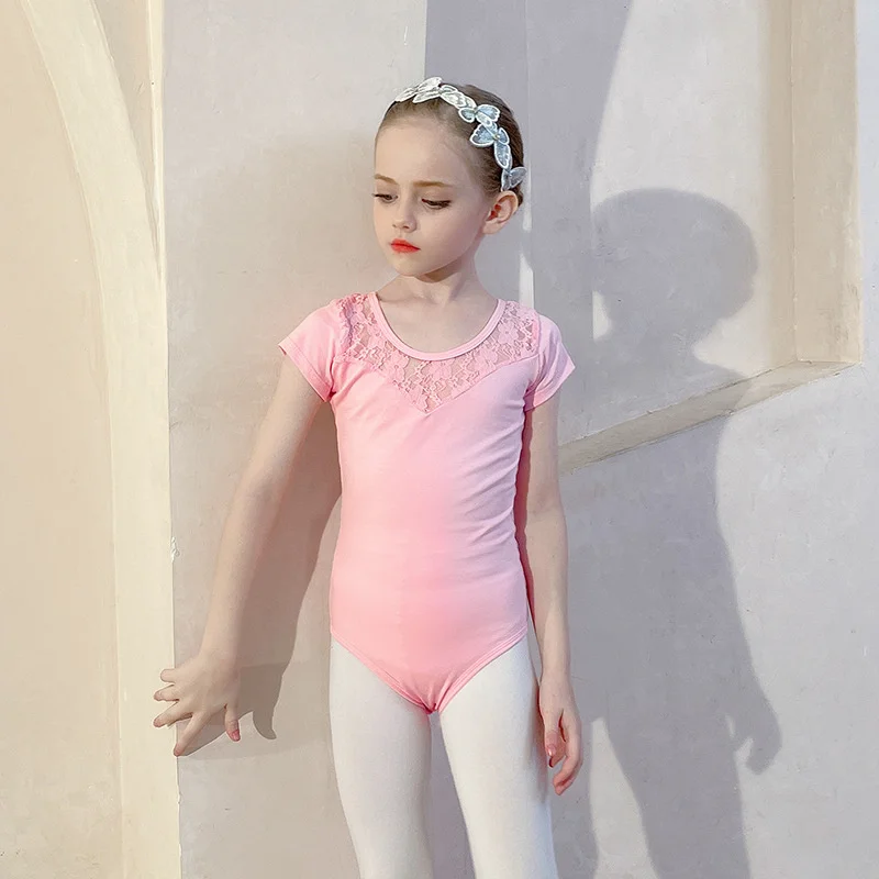 

Wholesale High Quality In Stock Fast Delivery Kids Girls Children Short Sleeve Dance Wear Pink Lilac Lace Ballet Leotards