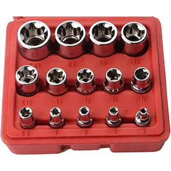 14Pcs E-Torx Hexagonal Plum Torque Socket Set with Case 1/4, 3/8, 1/2 in Drive Female External Star Socket Set E4-E24 Sockets 2