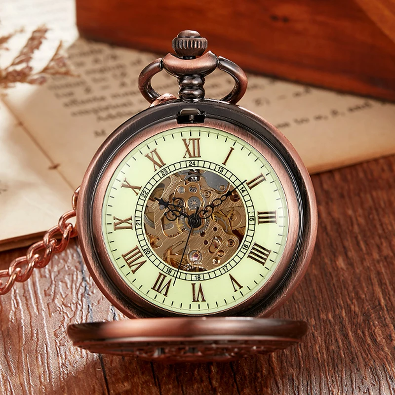 Rose Gold Deer Luminous Mechanical Pocket Watch Goat Hollow Fob Chain Box Package Men Women Watches for Christmas Gift