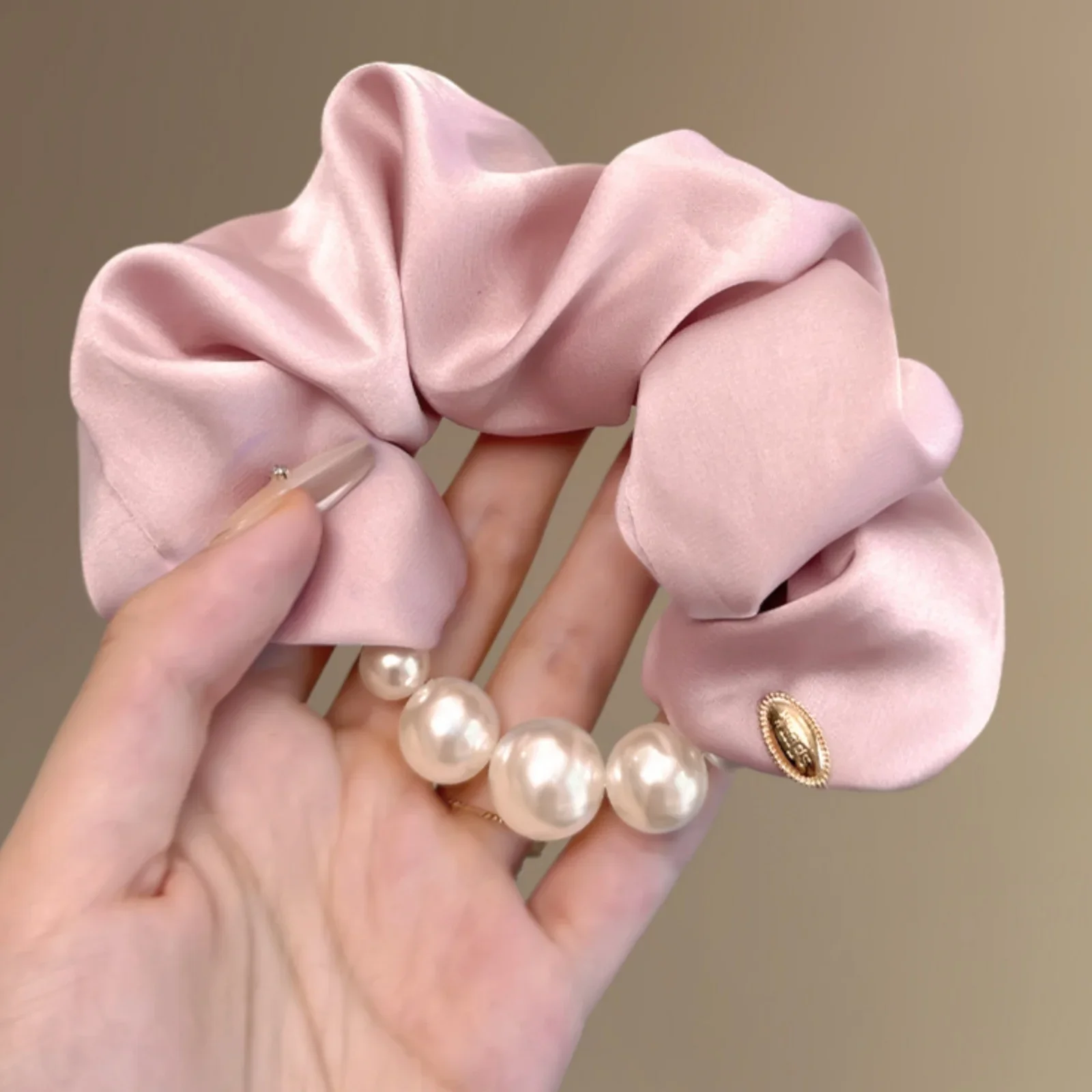 Blue Satin Scrunchie with Pearl Accents - Elegant Hair Accessory