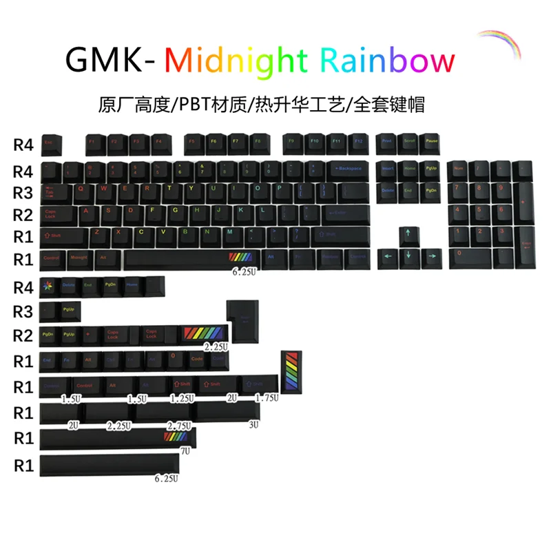 

GMK Midnight Rainbow Keycap, Cherry Profile PBT Dye Subbed Key Caps For MX Switch With ISO Enter 7U Spacebar 1.75u 2u Shift