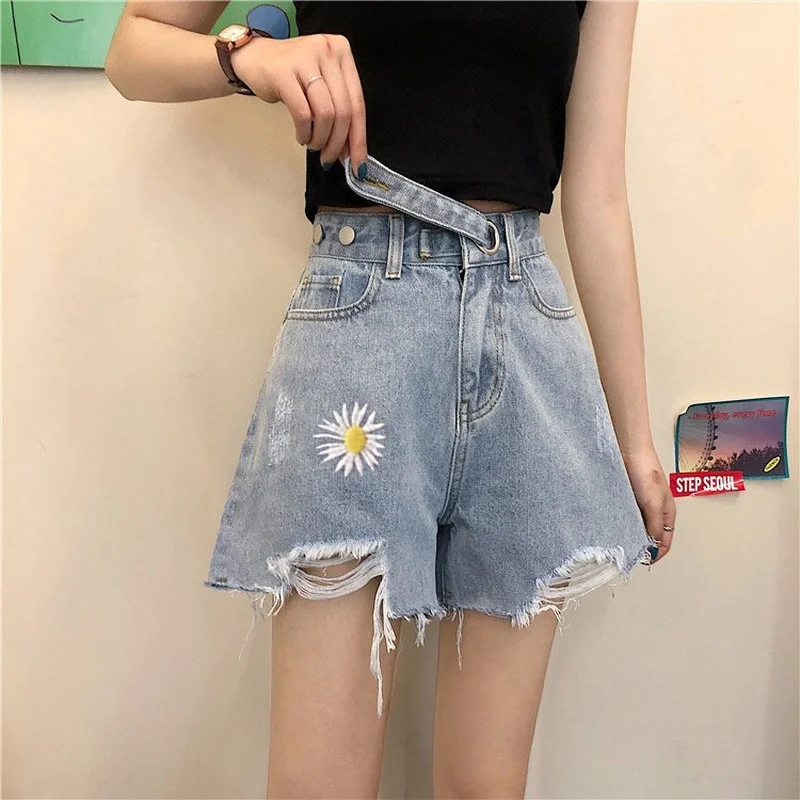 Irregular Preppy Solid Streetwear Wide Leg Jeans Shorts 2021 Summer Women Sweet High Waist Diasy Embroidery Blue Denim Shorts