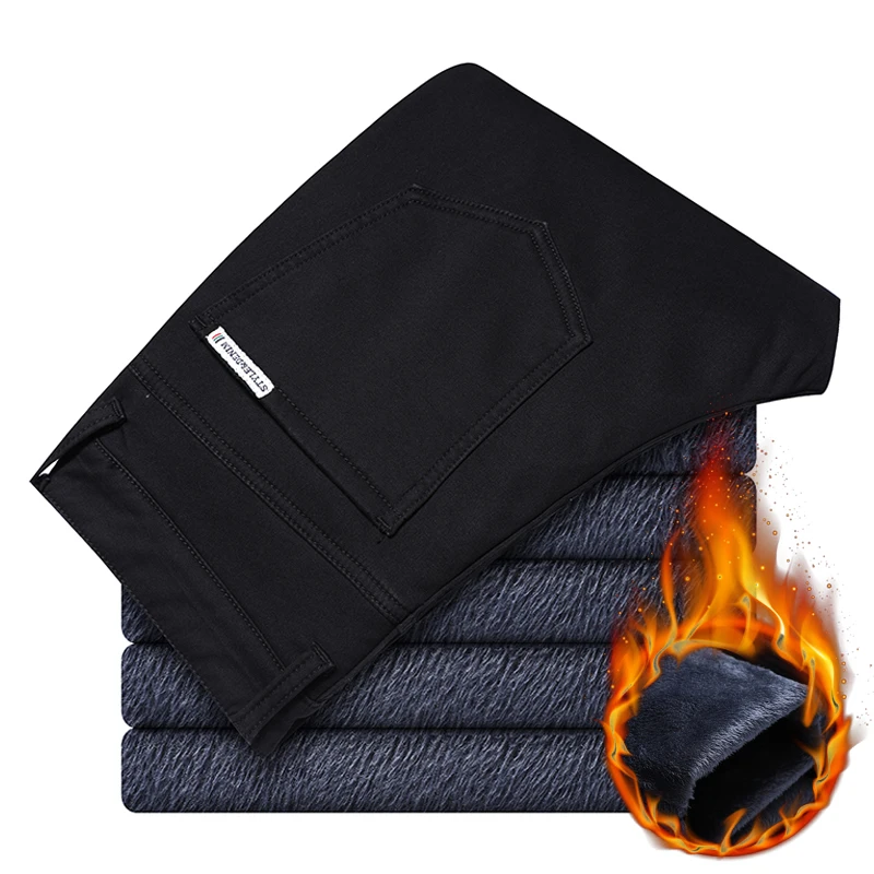 Men Trousers Winter Warm Thick Casual Business Fashion Black Blue Stretch Fleece Office Slim