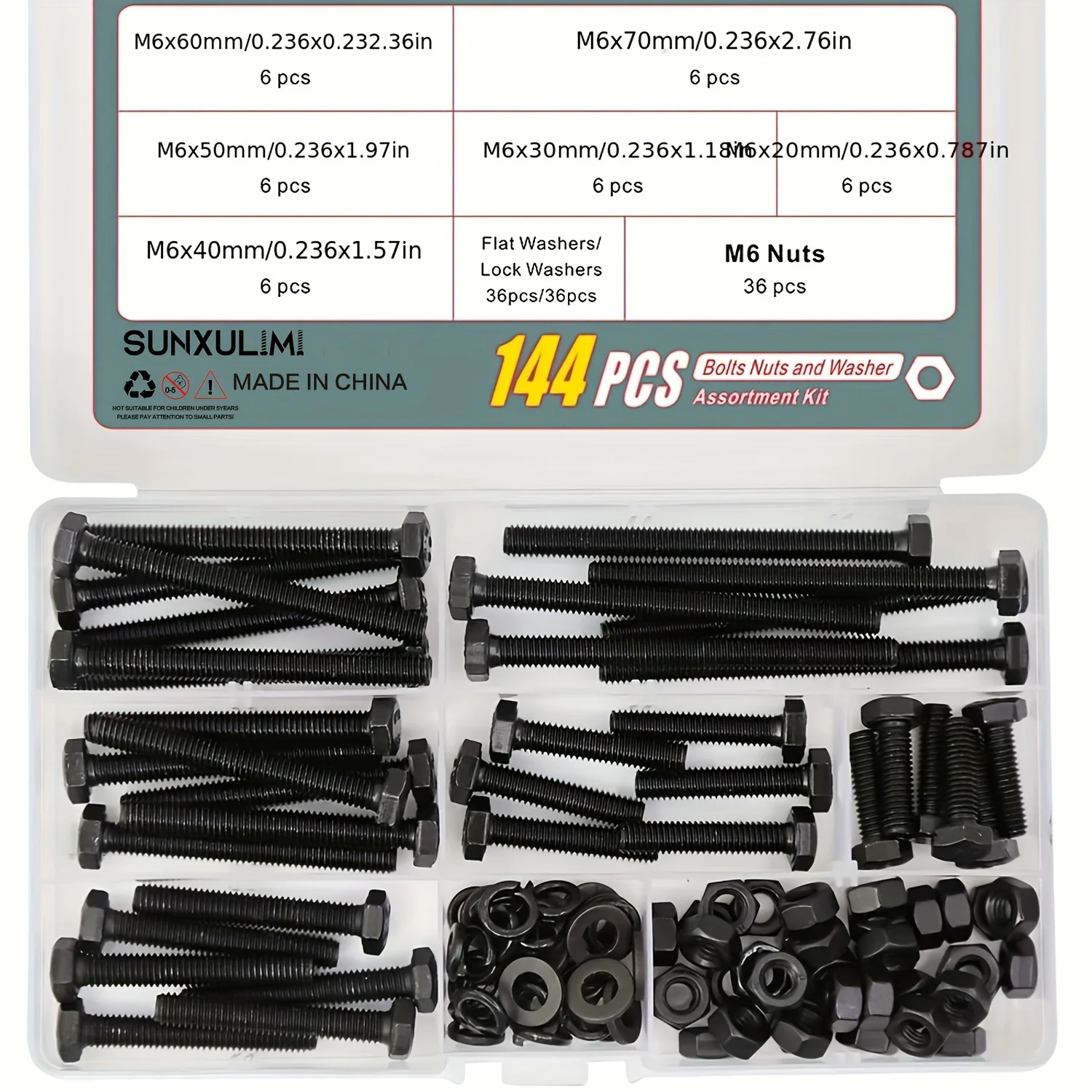 36 Set M6 Hex Head Screws Bolts and Nuts Flat & Lock Washers Assortment Kit Alloy Steel Grade 8.8 (20mm 30mm 40mm 50mm 60mm 70mm