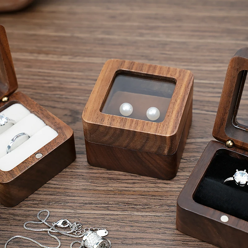 Retro Wooden Wedding Ring Box Square Wood Earring Jewelry Display Box Storage Case Gift Packaging Box Organizer Couple Gift