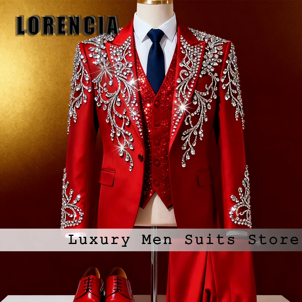 Sparkling Crystal Suits for Male 3 Pieces Single Breasted Tuxedos Wedding Party Outfits Customized Blazer Pants costumes homme