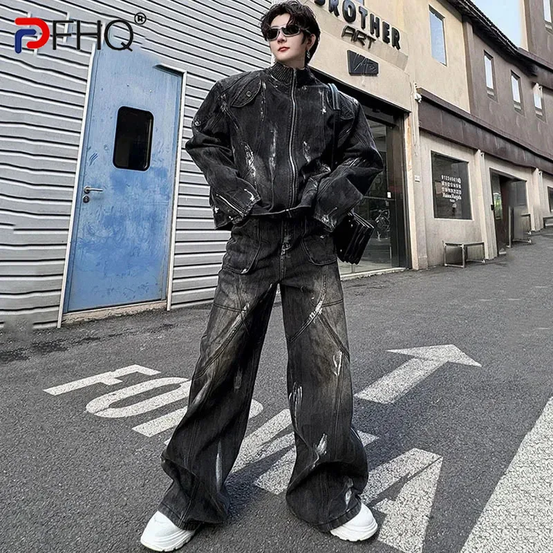 

PFHQ Motorcycle Men's Denim Suit Casual Pleated Stand Collar Zipper Male Jacket Gradient Color Wide Leg Jeans Spring 2024 9C4667