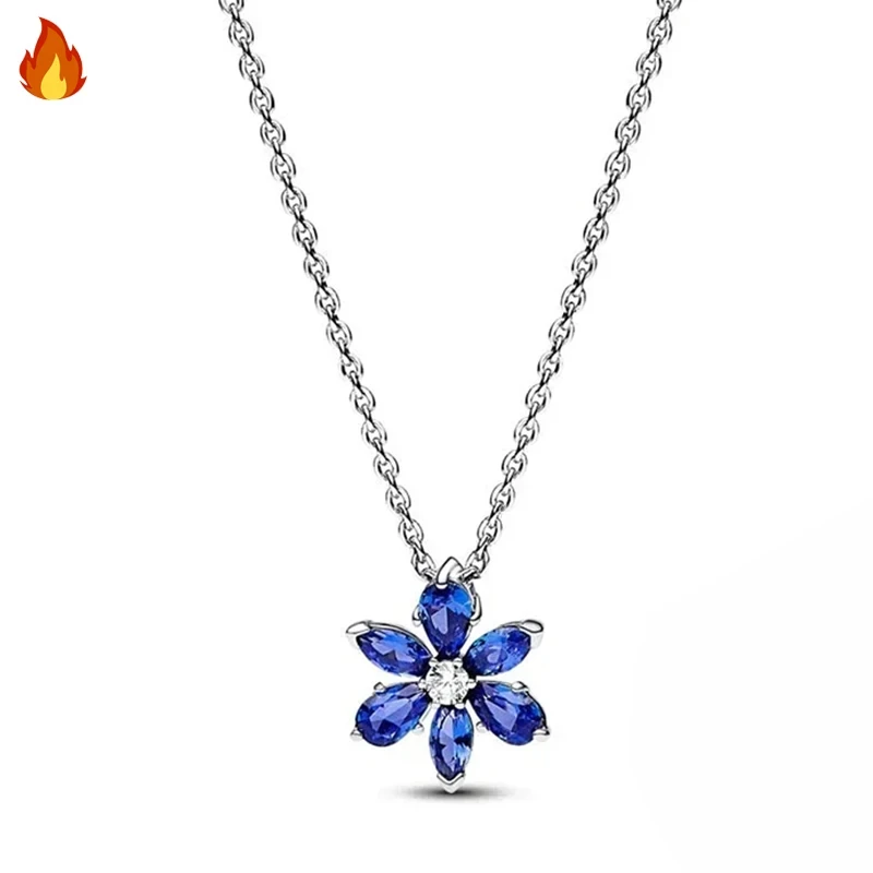Original Women's Hot Exquisite Blue Pear Blossom Sparkling Water Drop Logo Life Tree Necklace 925 Silver DIY Charm Jewelry