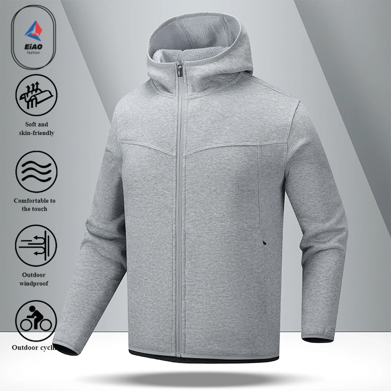 EIAO 2025 Mens Fleece Lined Stand Collar Jacket Premium Velvet Zip Hoodie Thickened Warm Coat Casual Streetwear Tech Outerwear