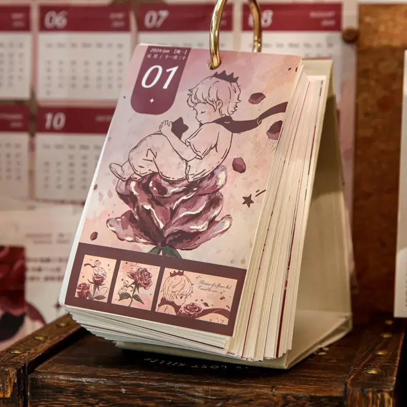 2024 Rose Little Prince Calendar Ornament Ins Healing One Page One Day Hand-Teared Desk Calendar Desktop Gift