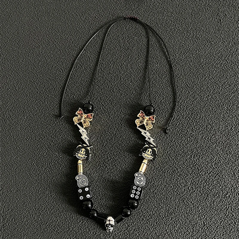 

Punk Hip Hop Lightning Smiley Double Gun Pearl Street Necklace Skeleton Pendant Cool Necklace For Women Men Girls Party Jewelry