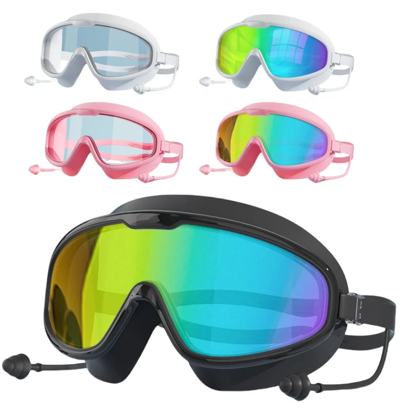 Adult swimming goggles anti fog high-definition silicone earplugs adjustable large frame