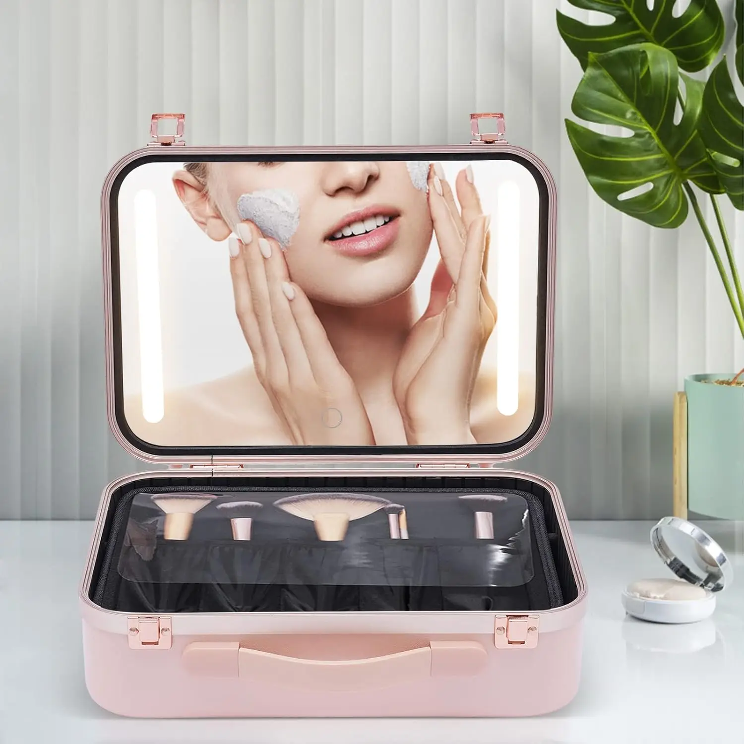 13.4 Inch Travel Makeup Case with Large Lighted Mirror Partitionable Cosmetic Bag Waterproof Portable Cosmetic Organizer (Pink) 6