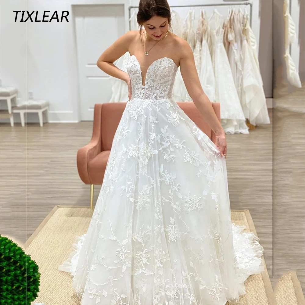 

TIXLEAR Elegant V-Neck Wedding Dresses Lace Appliques Sleeveless Backless Tulle Bridal Gown Floor Length Vestidos De Novia New
