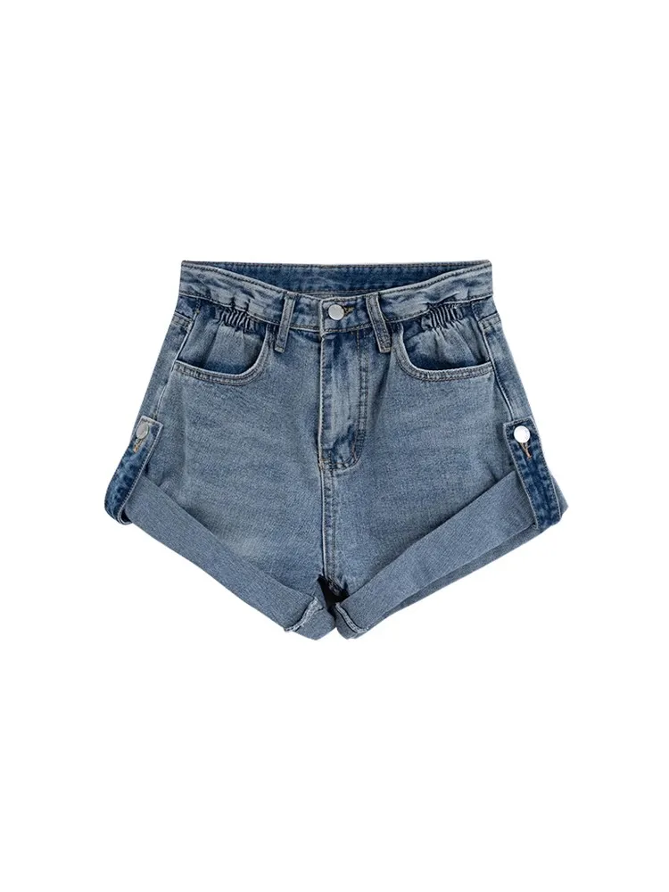 Casual Edge Curl Women's Denim Shorts A-line High Waist Loose Wide Leg A-line Shorts Pants Vintage Female Jean Shorts Summer