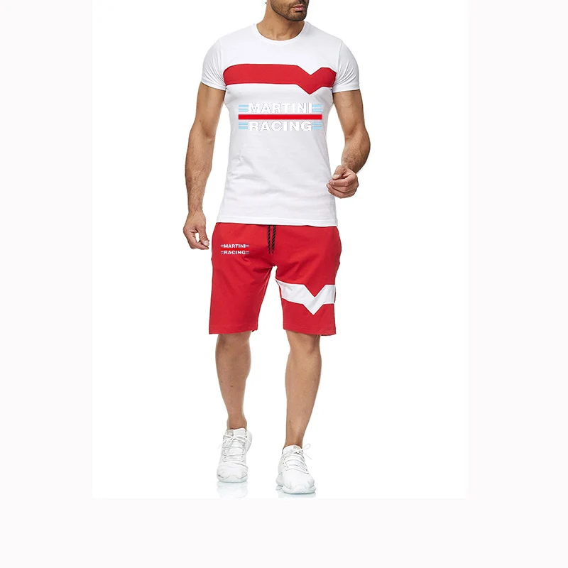 2023 new men's summer martini racing print leisure striped short sleeve high quality fashion T-shirt sweatpants 2-piece set
