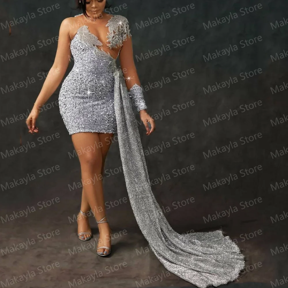 IENY Glitter Silver Sexy Short Party Dresses Long Sleeves Appliques Sequins Side Long Train Women Evening