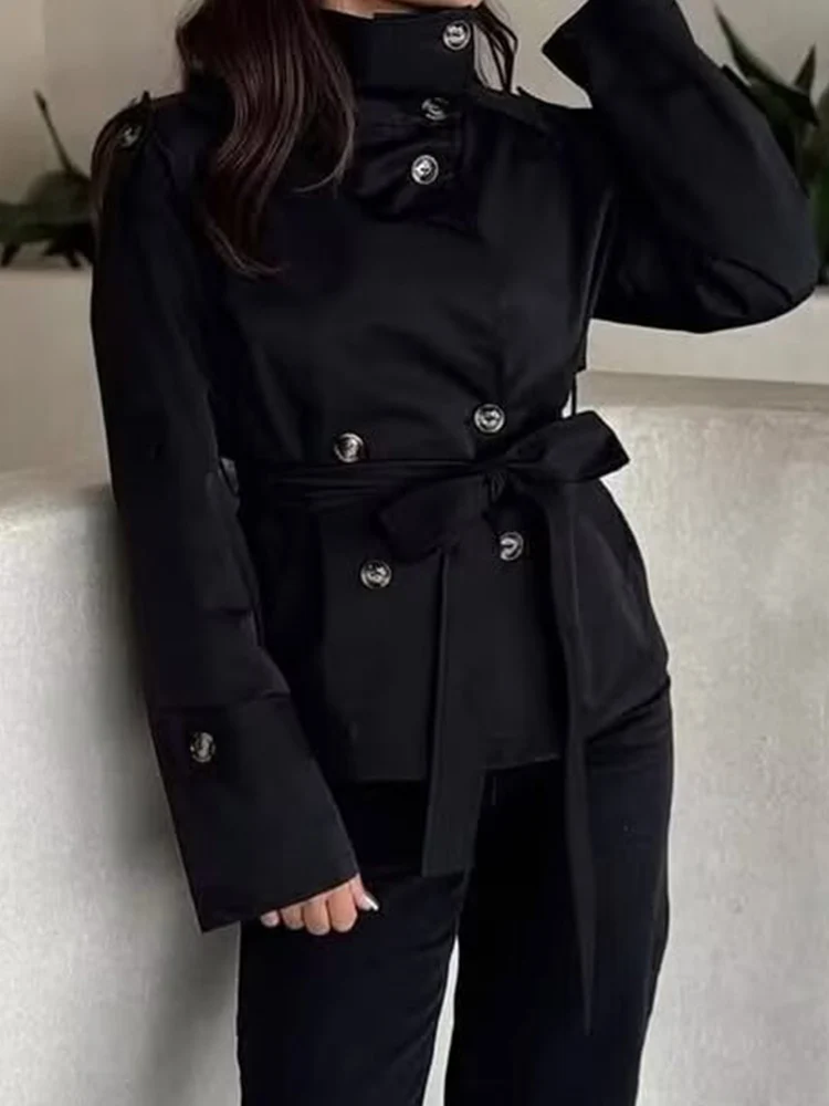 Women's Chic Stand Collar Belted Cropped Trench Coats Elegant Ladies Double-breasted 2025 Autumn New Casual Commuting Outerwear
