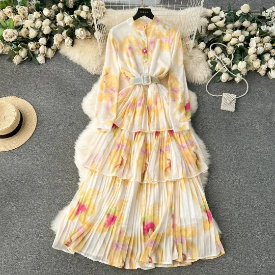 2024 Spring New French Gentle Style Printed Chiffon Dress Women's Hundred Pleated Ruffle Edge Holiday Cake Muslim Dress Women
