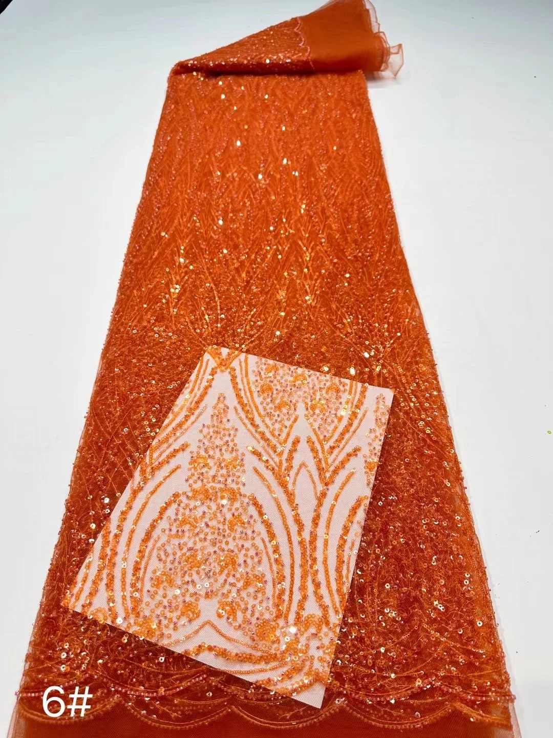 Orange African Handmade Sequins Tulle Lace Fabric French Luxury Beads Lace Fabric For Bridal Wedding Party Dress Sew